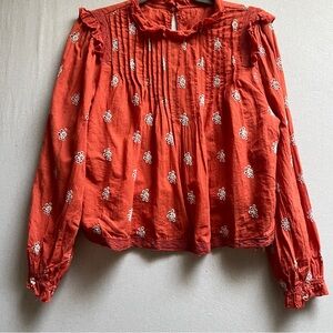 R Vivimos Anthropologie Women's Embroidered Ruffle Neck Blouse Sz S